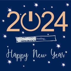 Sticker - New year 2024 square greeting card written in English with lots of stars on a starry night blue background 