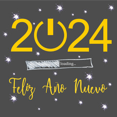 Wall Mural - New year 2024 square greeting card written in Spanish in yellow with lots of stars on a grey background