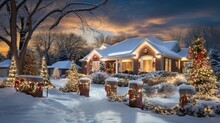 A Stunning Outdoor Display Of Christmas Lights Adorning Homes And Landscapes, Creating A Festive And Vibrant Neighborhood