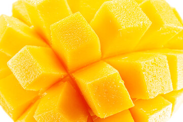 Wall Mural - juicy mango slices isolated on the white background. Clipping path