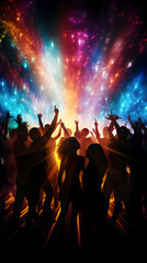 Wall Mural - Silhouette of a party crowd on disco lights. Dancing in the club, template of party banner poster with free copy space, generative ai