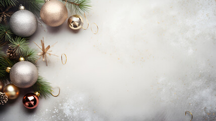 Wall Mural - Christmas frame with Christmas tree branches, gold and silver baubles on a light grey marble background. Flat lay, top view, copy space. Christmas banner mockup.