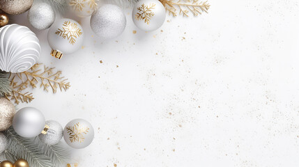 christmas frame with snowy christmas tree branches, gold and silver baubles on a light white backgro