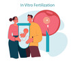 In vitro fertilization. Hopeful couple observing IVF procedure, with embryo displayed in tube, next to detailed ovum fertilization. Pathway to parenthood. Flat vector illustration
