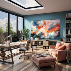 Wall Mural - Interior design modern home office, Comfortable workplace, desk with computer monitor, stylish study room, beautiful home studio