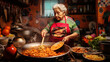 Senior Latin American woman in the process of frying meat for tacos in cluttered house kitchen, concept of  traditional cooking, family traditions, Latin American cuisine.
