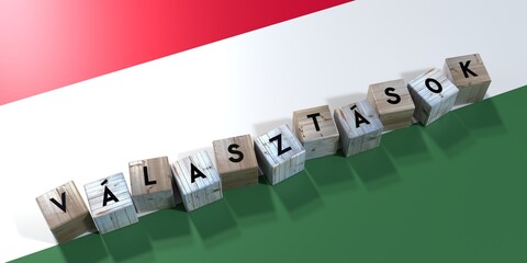 Hungary - elections concept - wooden blocks and country flag - 3D illustration