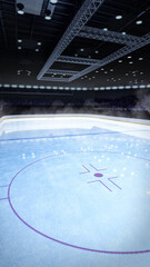 Wall Mural - vertical aerial view of empty ice hockey stadium with spotlights and crowdy stands with fans waiting teams before competition. 3D render illustration background.