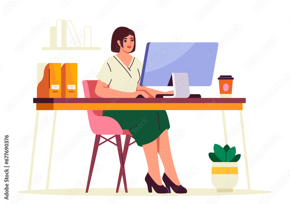 Office desk person concept. Woman sitting near pc. Businesswoman with ...