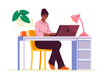 Poster - office desk person concept. woman sitting near computer. young girl with laptop. hardworking worker 