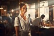Nice and smiling waitress while working in a café. Generative AI