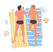 © Rudzhan - People sunbath at beach doodle. Leisure outdoor in summer season. Men lie at blanket. Rest in tropical country. Social media sticker. Cartoon flat vector illustration isolated on white background