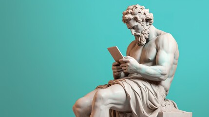 Ancient old Greek God statue, man using smartphone on pastel background