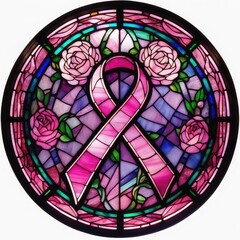 cancer ribbon on round stained glass, pink ribbon on round stained glass, stained glass cancer ribbon, stained glass pink ribbon, breast cancer, world cancer day, pink ribbon, flowers, easy to cut out