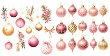 Vintage Pink Christmas Ornaments Watercolor Clipart