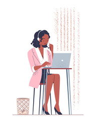 Poster - person works with computer concept. woman sitting at table with headphones. freelancer or remote wor