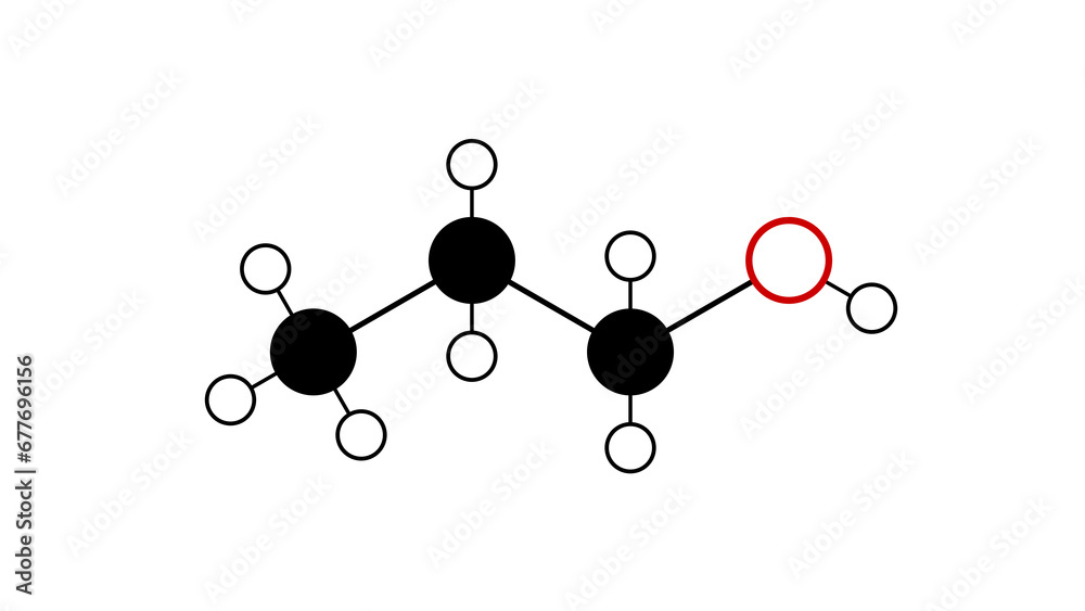 1-propanol molecule, structural chemical formula, ball-and-stick model ...