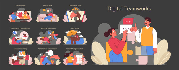 Poster - Digital Teamworks concept. Diverse virtual collaboration and management depicted across telecommuting, remote work, and digital tools. Cohesive teamwork in the digital era. Flat vector illustration