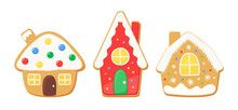 Christmas Gingerbread Houses. Iced Sugar Cookies Vector Illustration Set. Cute Cartoon Gingerbread Cookie Icons. Biscuit Cute House With Window And Door. Cartoon Design Elements Home Holiday Cooking.