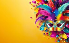 Happy Mardi Gras Poster. Banner Template With Venetian Masquerade Mask, Confetti And Feathers Isolated On Warm Yellow Background, Copy Space. Costume Party Flyer For Carnivals. AI Generative