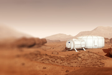 Wall Mural - Colonization of Mars, Martian surface and human base, building a colony on Mars. Conquering new horizons in space, thermoforming of Mars. 3D image, 3D illustration