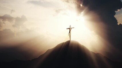 Wall Mural - A bright ray of light shining through the sky and passing clouds, and a silhouette of the holy cross symbolizing the passion, suffering, death, and resurrection of Jesus Christ.
