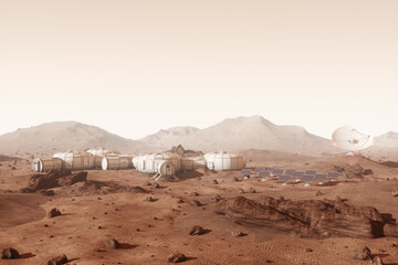 Wall Mural - Colonization of Mars, Martian surface and human base, building a colony on Mars. Conquering new horizons in space, thermoforming of Mars. 3D image, 3D illustration