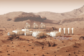 Wall Mural - Colonization of Mars, Martian surface and human base, building a colony on Mars. Conquering new horizons in space, thermoforming of Mars. 3D image, 3D illustration