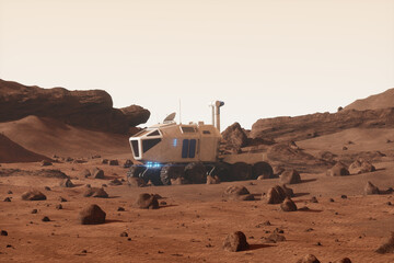 Wall Mural - Rover all-terrain vehicle on the surface of Mars. Colonization of Mars, Martian surface and base, building a colony on Mars. thermoforming of Mars. 3D image, 3D illustration