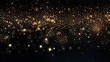 Fototapeta Kosmos - Particules scintillantes et brillantes volant sur fond sombre, noir. Lumière orangée, paillettes dorées et flou. Fond pour bannière, création graphique.