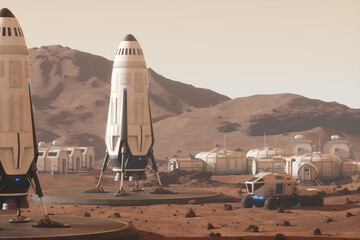 Wall Mural - space rocket on the surface of mars. colonization of mars, martian surface and base, building a colo