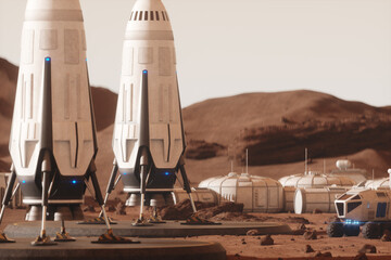Wall Mural - space rocket on the surface of mars. colonization of mars, martian surface and base, building a colo