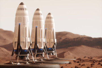 Wall Mural - space rocket on the surface of mars. colonization of mars, martian surface and base, building a colo
