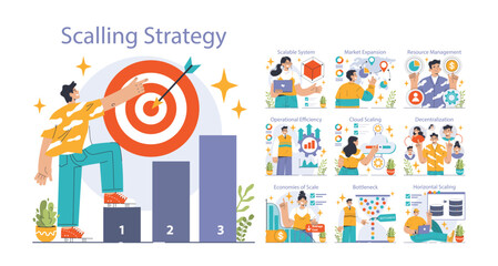 Poster - Scaling Strategy concept. Insightful visualization of business growth tactics. Targets efficiency, market reach, and decentralized operations. Flat vector illustration.