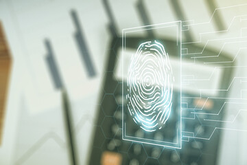 Poster - Double exposure of virtual creative fingerprint hologram on calculator and papers background, protection of personal information concept