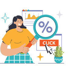 Poster - Expert marketer examines Click Through Rate metrics on a digital dashboard. Highlighting CTR improvements, data-driven strategies. Engaging user interactions and web performance. vector illustration