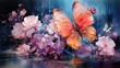  a painting of pink flowers and a butterfly on a blue background with a reflection of a body of water in the middle of the image and a reflection of the image.  generative ai