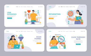 Poster - Conversion Rate Optimization set. Experts analyzing website performance. A B testing, sales funnel, lead generation. User engagement strategies. Flat vector illustration