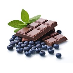 A tempting stack of chocolate bars and blueberries against a clean white background, chocolate bar with blueberries isolated on white, chocolate and blueberries, chocolate with berries,easy to cut out