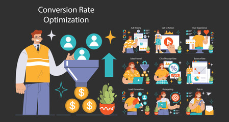 Poster - Conversion Rate Optimization set. Experts analyzing website performance. A B testing, sales funnel, lead generation. User engagement strategies. Flat vector illustration