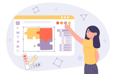 Poster - woman work with illustrations concept. graphic designer and freelancer at workplace. young girl deve