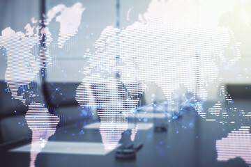 Aufkleber - Abstract creative world map interface on a modern conference room background, international trading concept. Multiexposure
