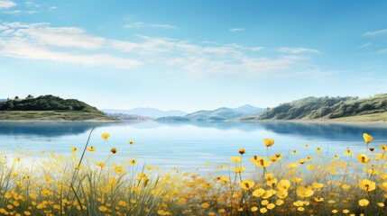 Wall Mural - landscape season yellow blue riverside illustration forest sunpark, river summer, leaf autumn landscape season yellow blue riverside