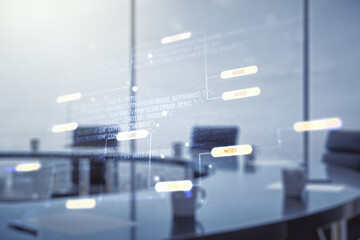 Poster - Multi exposure of abstract programming language hologram on a modern furnished office interior background, artificial intelligence and machine learning concept