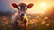  A Close Up Of A Cow In A Field Of Flowers With The Sun Setting In The Background And A Blurry Image Of The Cow's Face Is In The Foreground.  Generative Ai