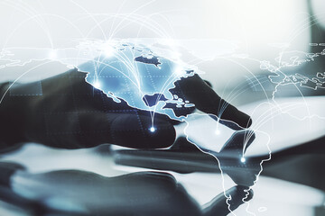 Poster - Double exposure of abstract digital world map with connections and hand working with a digital tablet on background, big data and blockchain concept