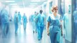  a woman in scrubs walking down a hospital hallway with other people in blue scrubs and blue scrubs on either side of her and on either side of her.  generative ai