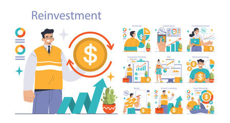 Sticker - Reinvestment set. Professionals navigating financial growth, dividends to compound interest. Portfolio management, capital gains exploration. Flat vector illustration.