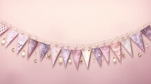  A Pink And Purple Bunting Banner With Pearls And Pearls Hanging From It's Sides On A String Against A Pink Background With A Light Pink Backdrop And Gold Polka Dot.  Generative Ai