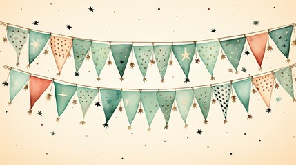  a watercolor drawing of a bunting banner with stars and snowflakes hanging from it's sides and a star pattern on the top of the bunting.  generative ai